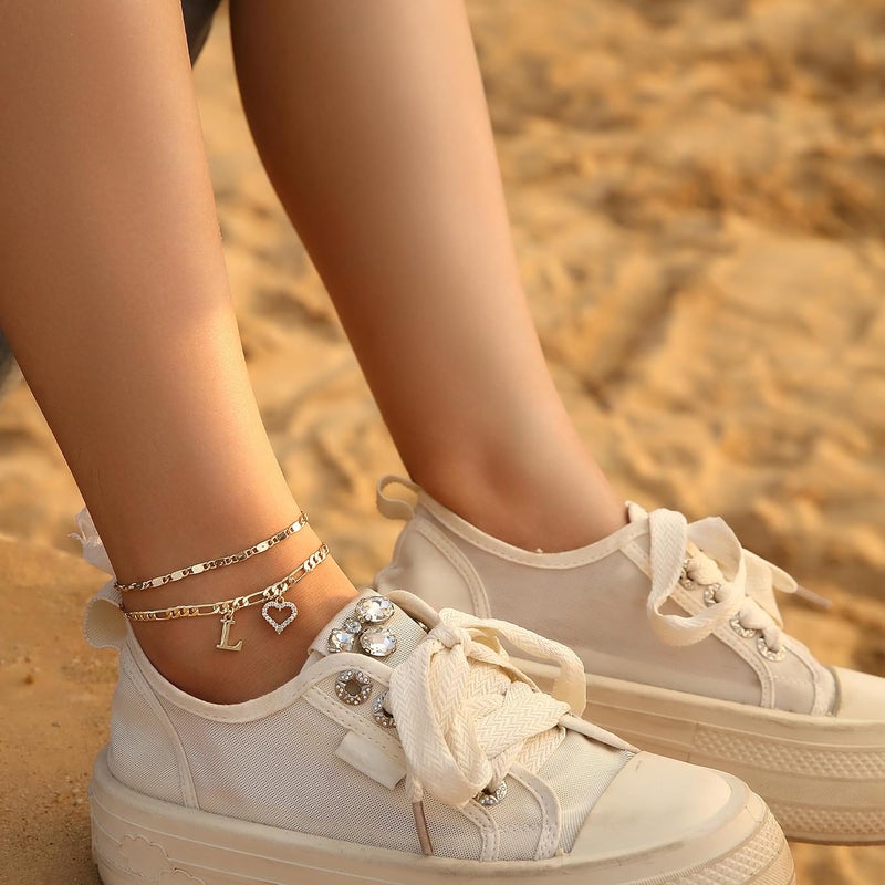 Wremily Initial Ankle Bracelets for Women Waterproof 14K Gold Plated Dainty Layered Figaro Chain Letter Initial CZ Heart Ankle Bracelets Set Summer Beach Jewelry for Women - Image 5